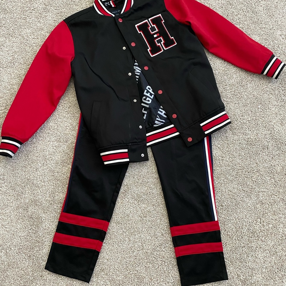 Tommy Hilfiger Black and Red Varsity Jacket & Track Pants Set